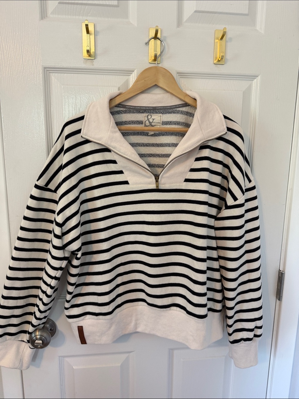 AMPERSAND AVE Black & Cream Striped Half-Zip Sweater
